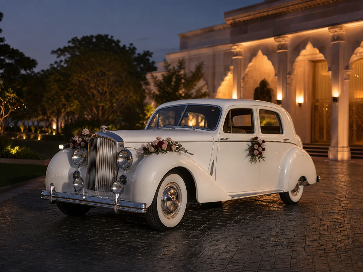 Pearl white classic wedding car prepared at an evening venue